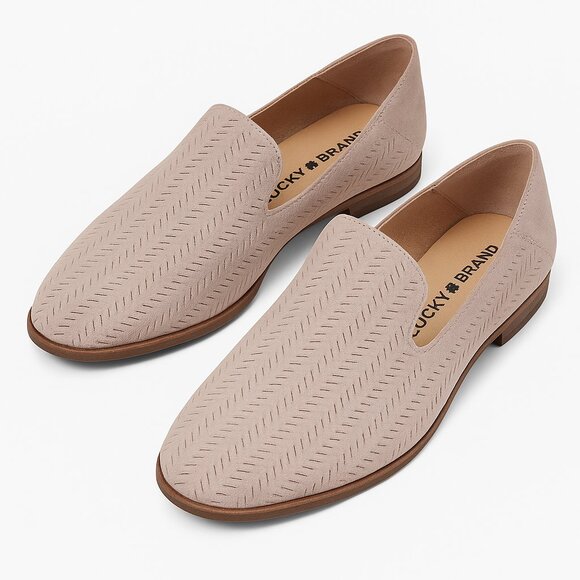 Lucky Brand Brogan Taupe Perforated Suede Loafers Women’s 7.5 M Minimalist Boho - Picture 1 of 9